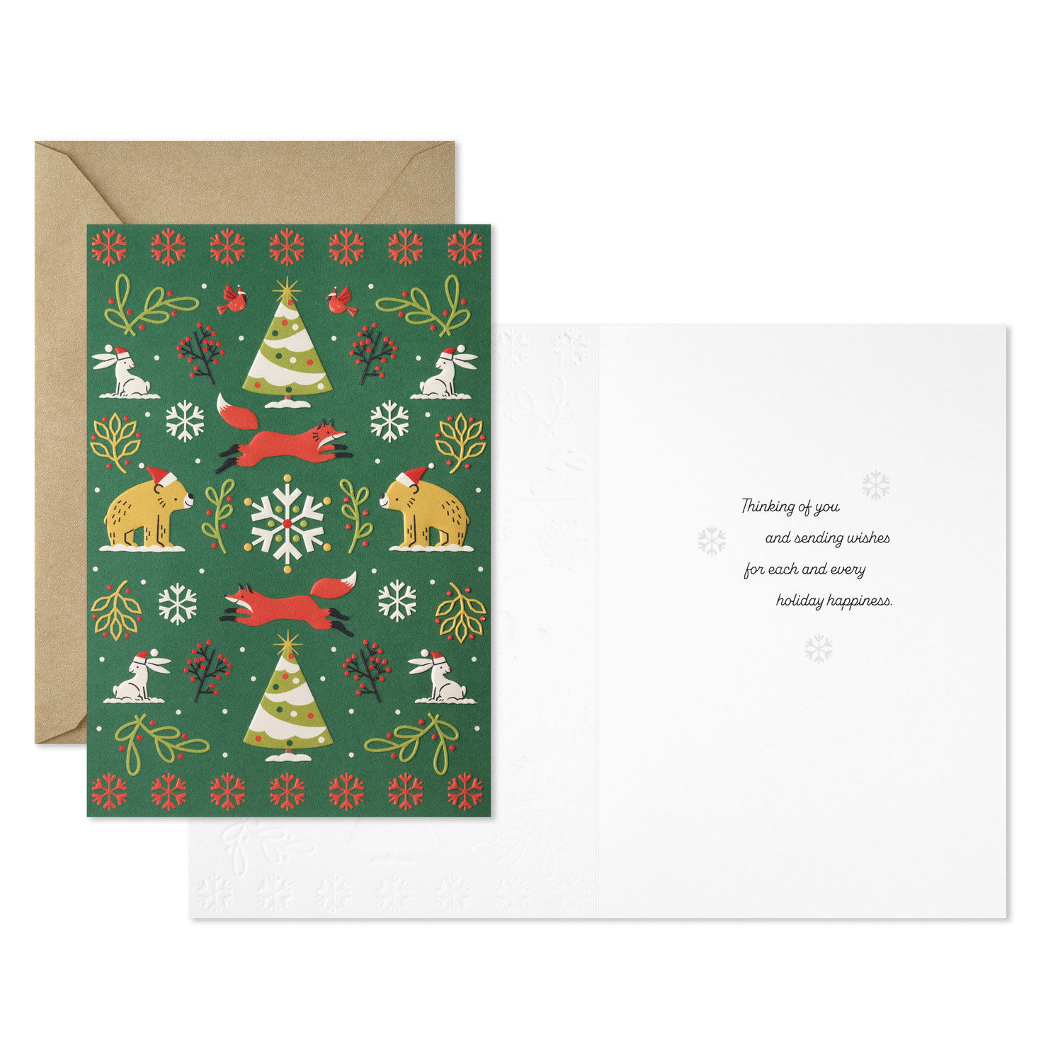 Bear and Fox on Forest Green Boxed Christmas Cards Card Front with Sentiment image number 3