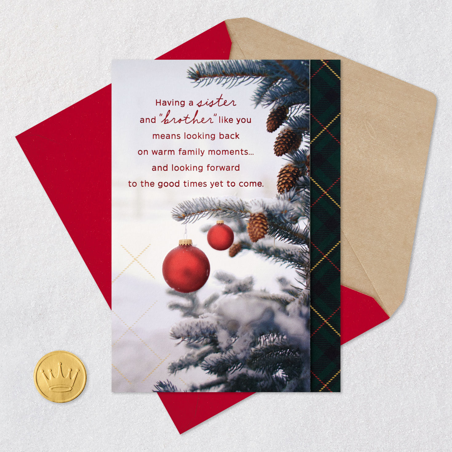 Tree With Ornaments Christmas Card for Sister and Brother-in-Law Card Front with Envelope and Gold Seal image number 5