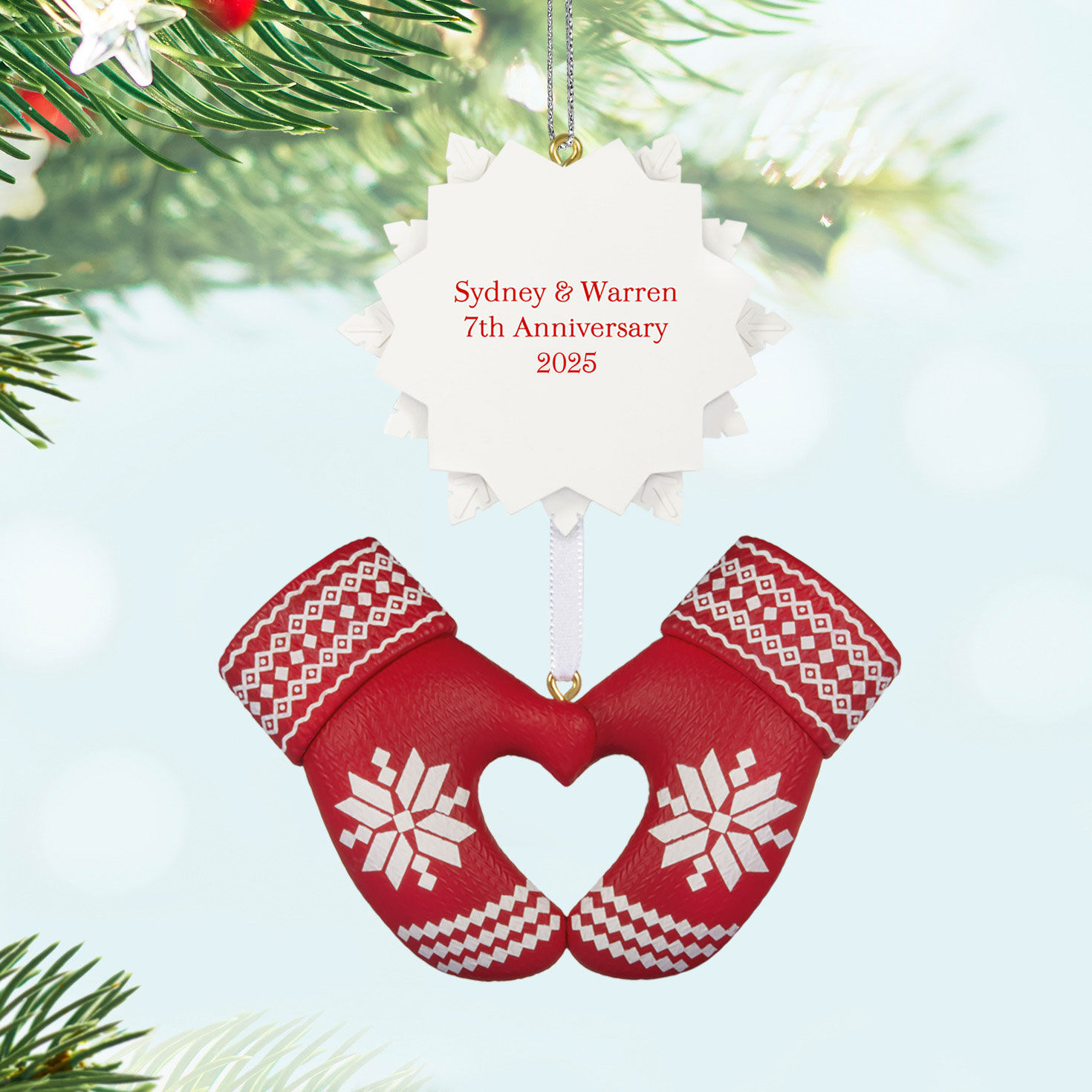 Red Mittens With Snowflake Personalized Ornament hanging on tree image number 2