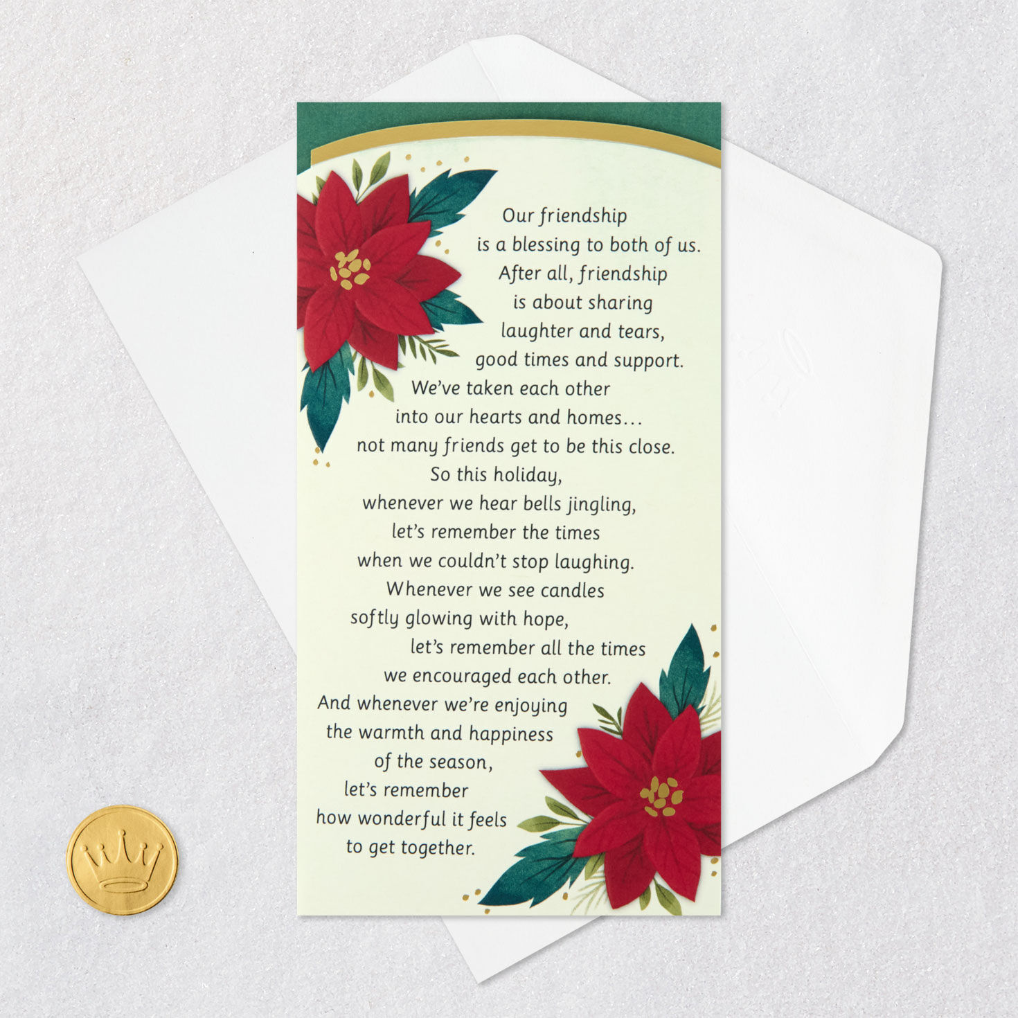 Poinsettia Flowers Friend Christmas Card Card Front with Envelope and Gold  Seal image number 7