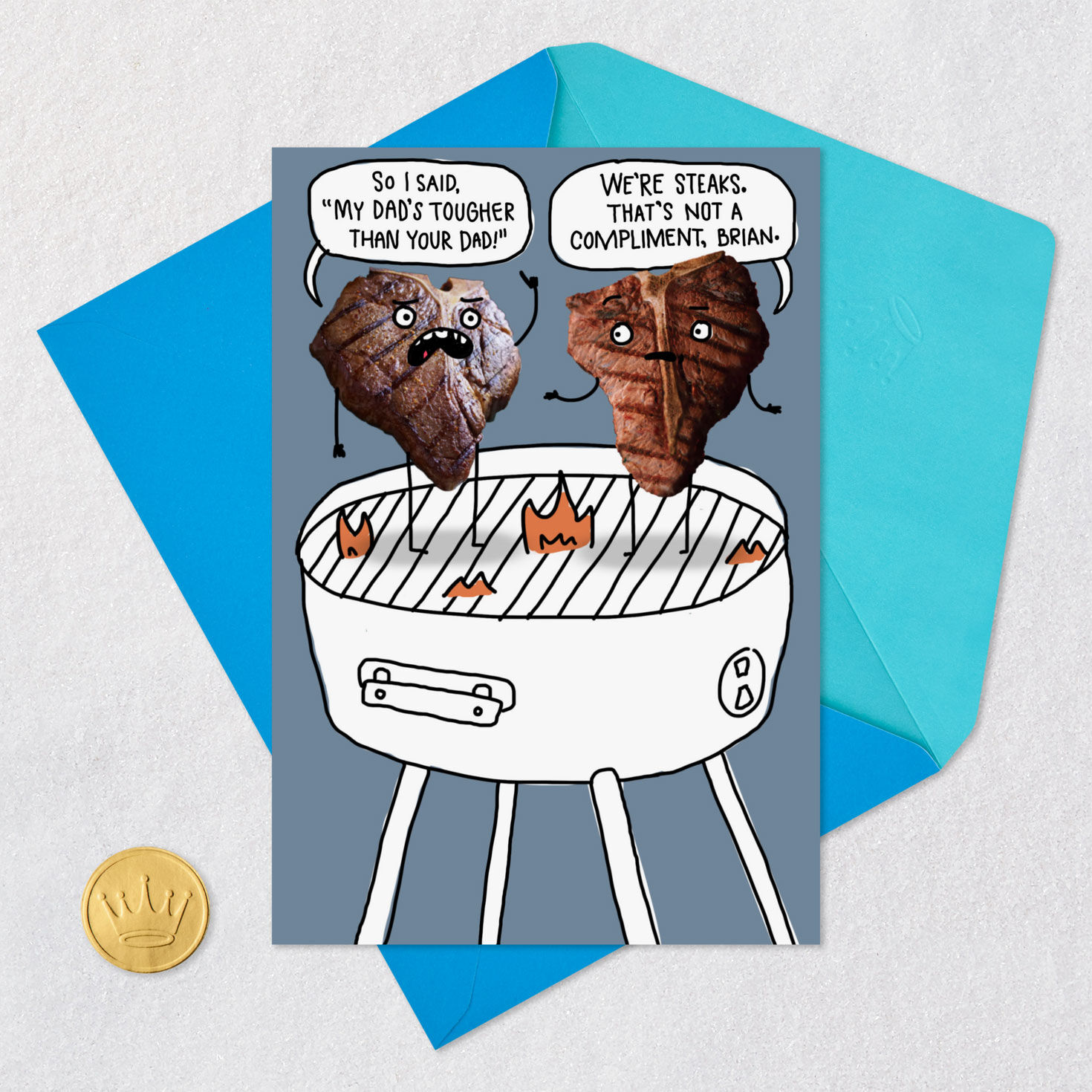 Steak Characters on Grill Funny Father's Day Card Card Front with Envelope and Gold Seal image number 5