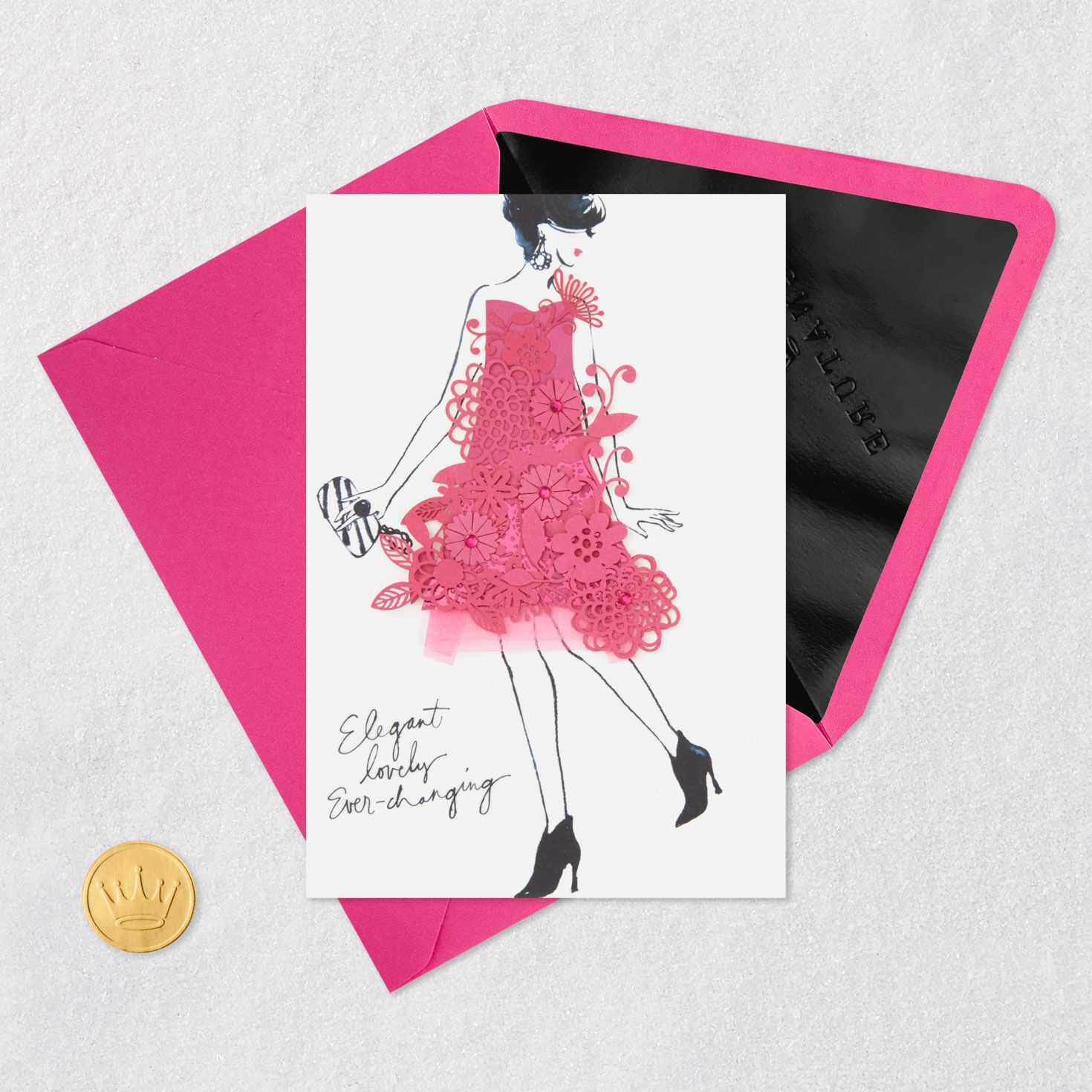 Woman in Pink Floral Dress Birthday Card for Her Card Front with Envelope and Gold Seal image number 5