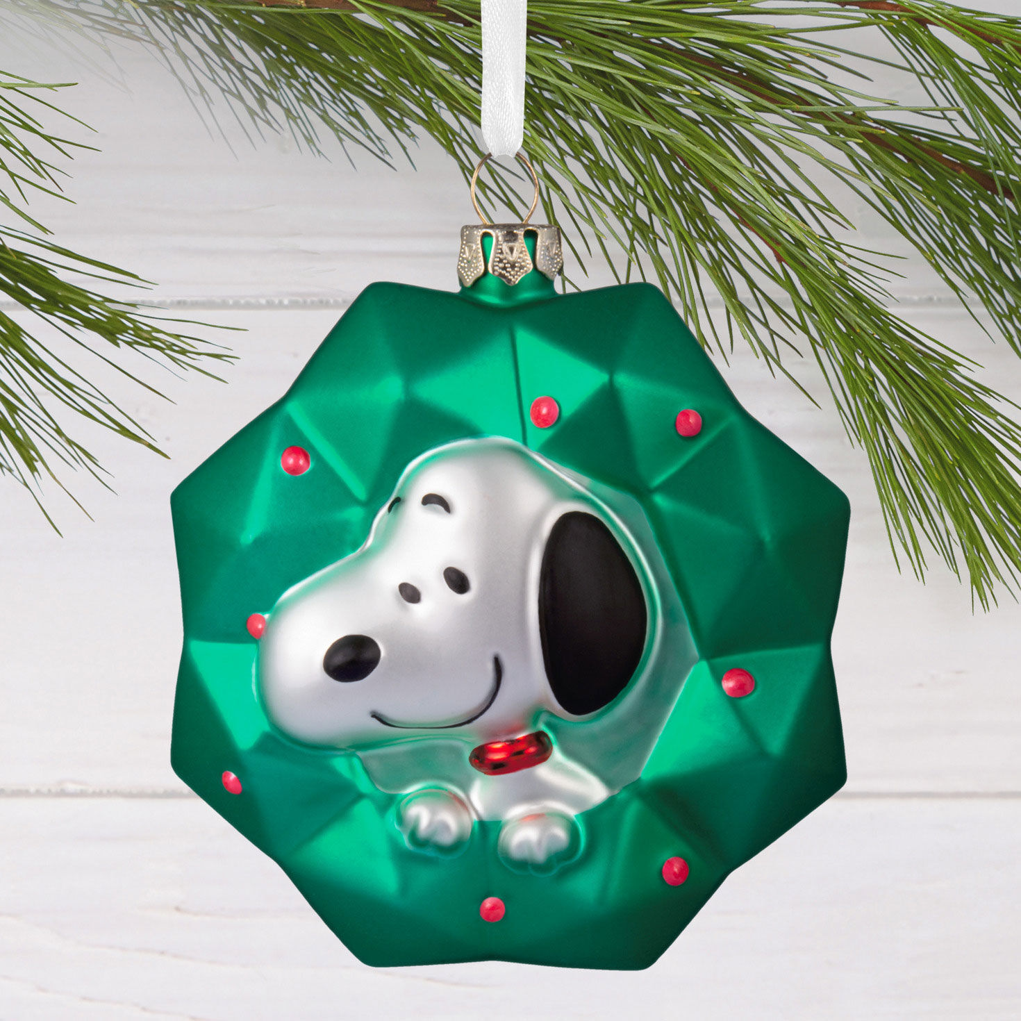 Snoopy in Green Wreath Christmas Ornament hanging on tree image number 2
