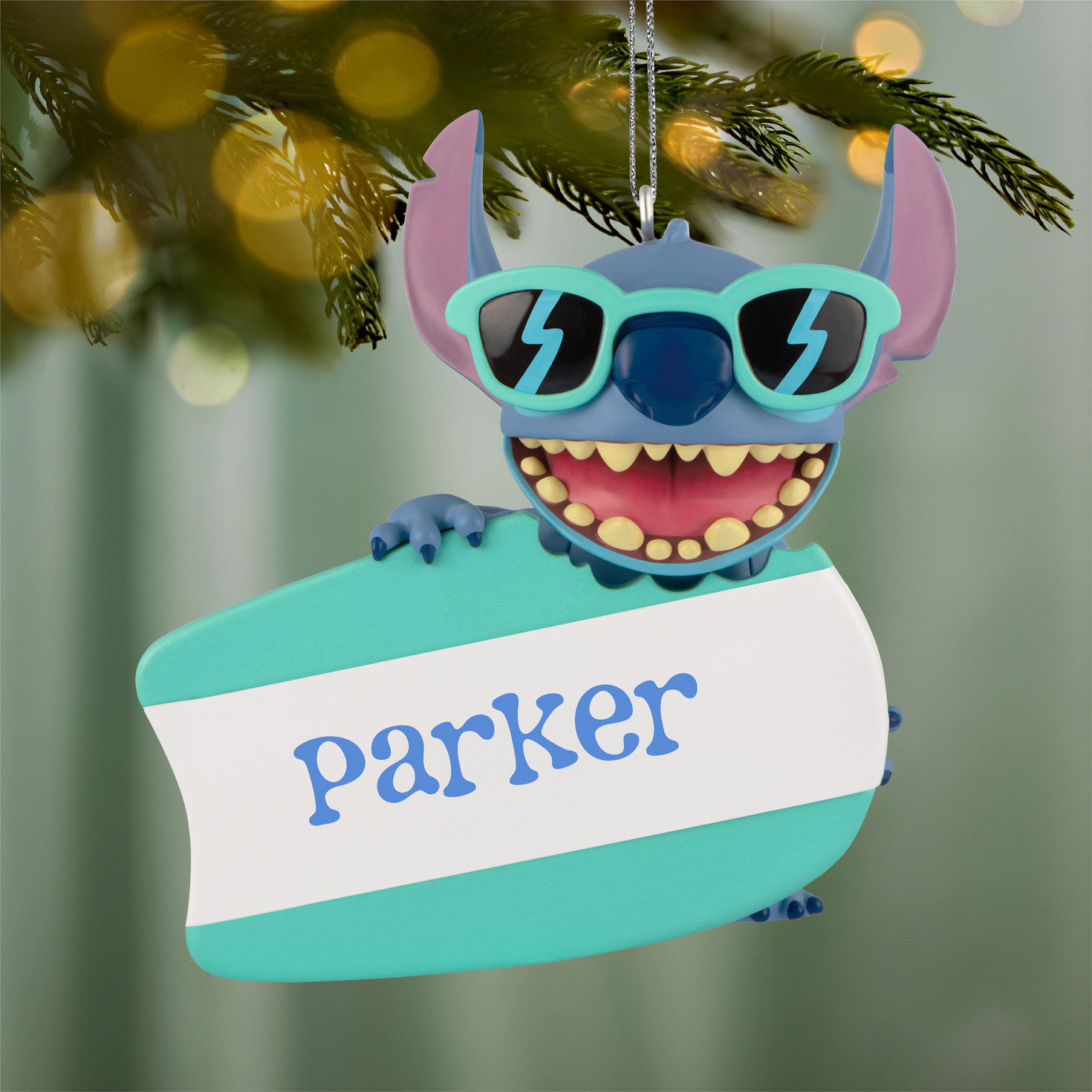 Stitch With Surfboard Personalized Text Ornament hanging on tree image number 3