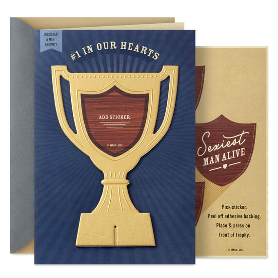 #1 in Our Hearts Customizable Father's Day Card for Husband With Mini Trophy and Stickers