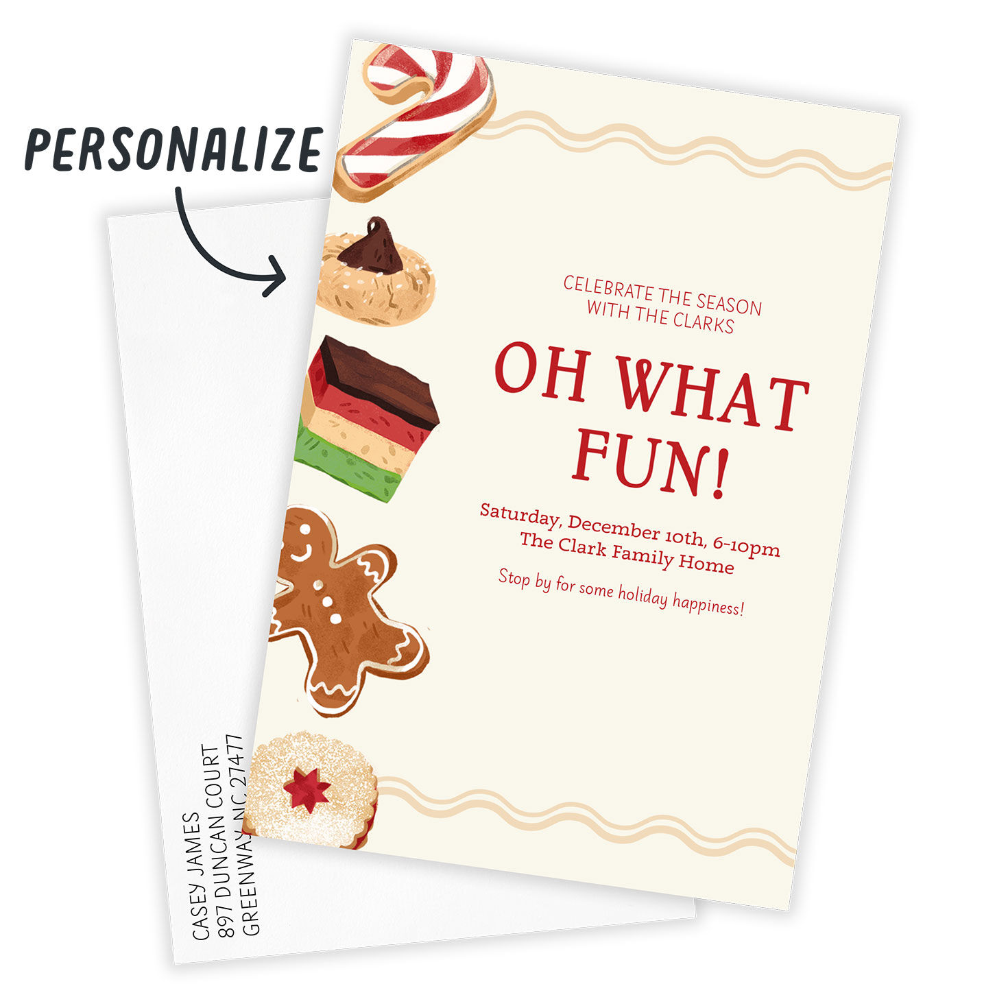 Christmas Cookies Border Personalized Invitation Card Front indicating personalization image number 2