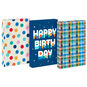Celebrate kids' birthdays and more with this 3-pack of medium gift boxes in an assortment of dot, plaid and lettering designs. 2-piece gift boxes come with coordinating blue bases.  image number 1