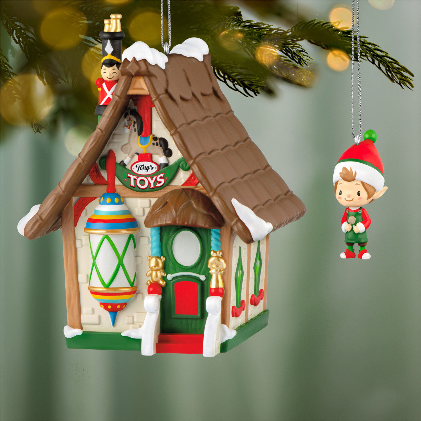 Tony's Toys Shop and Elf Keepsake Ornaments hanging on tree image number 2