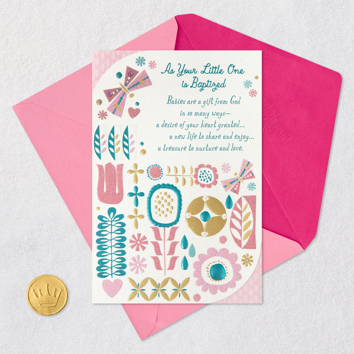 Pink Flower Motif Baptism Card for Baby Girl Card Front with Envelope and Gold Seal image number 6