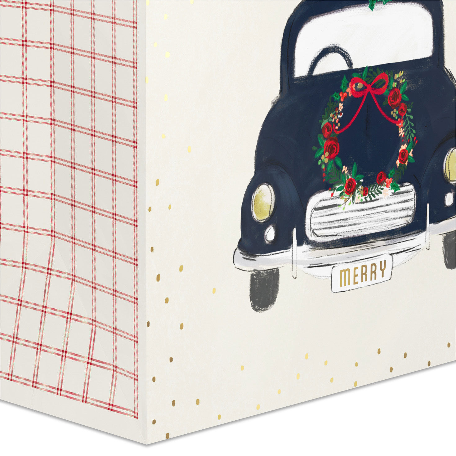 Retro Blue Car on Ivory Christmas Gift Bag Base/Side Detail image number 5
