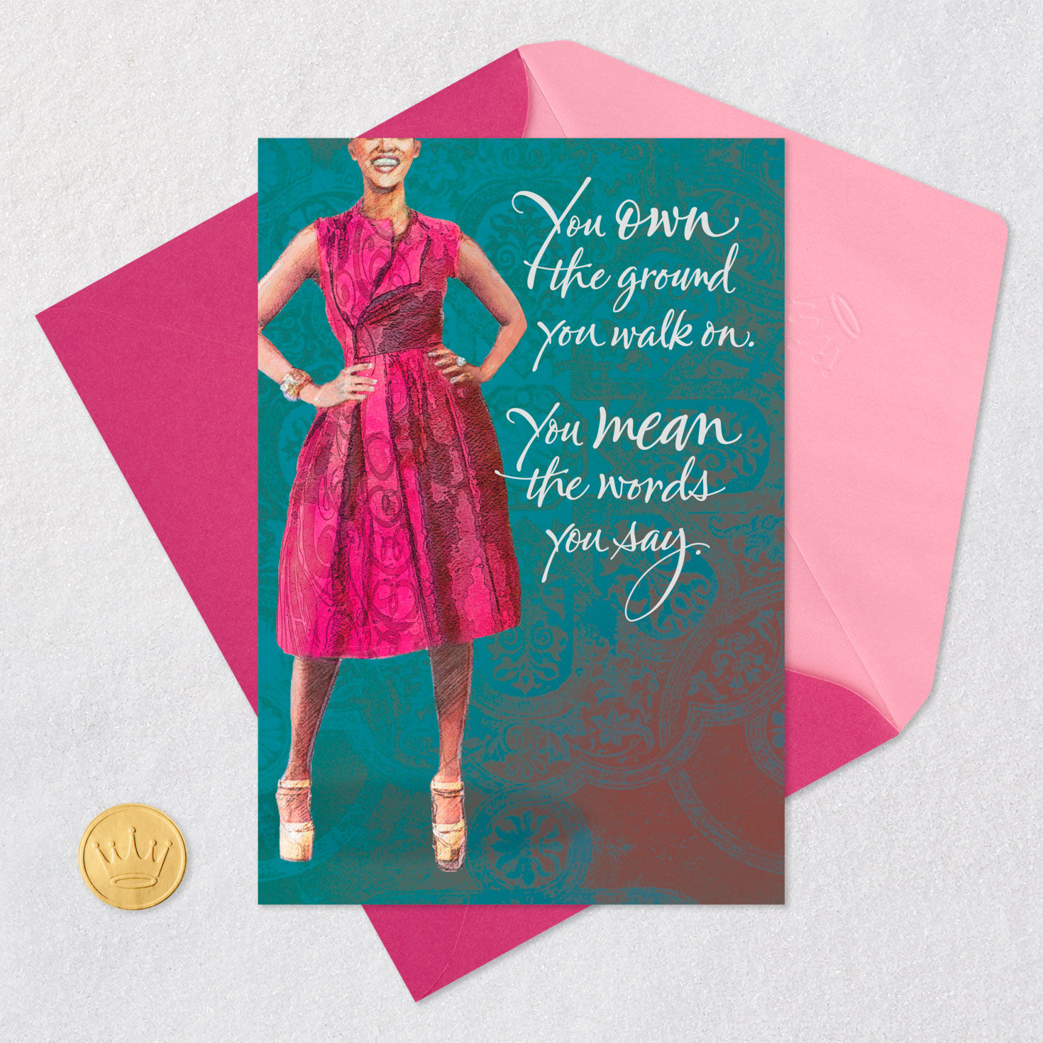 Black Woman in Pink Dress Birthday Card Card Front with Envelope and Gold Seal image number 5