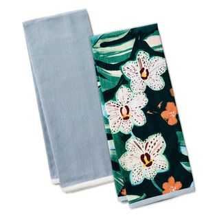 Lacey Chabert Collection Green Floral and Blue Chambray Tea Towels, Set of 2