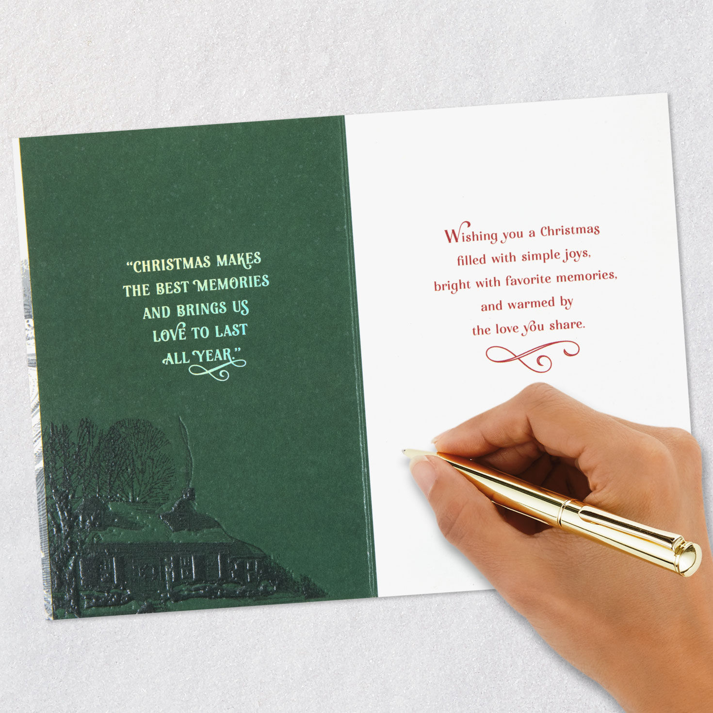 Red and Green Couple with Sled and Christmas Tree Card signing card image number 8