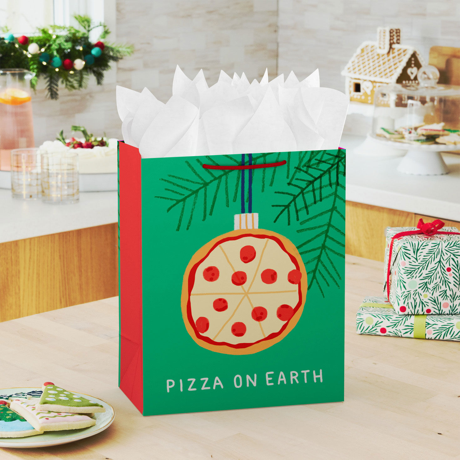 Green Pizza Large Holiday Gift Bag In use image number 2