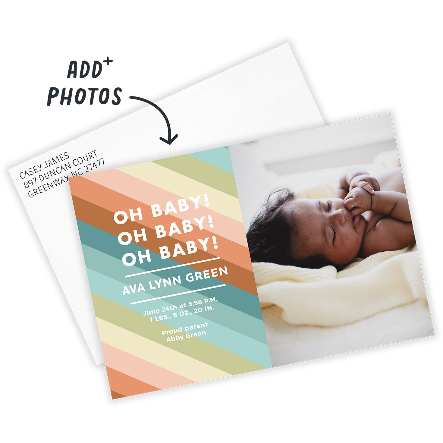 Rainbow Stripes Oh Baby Birth Announcement, , large image number 2