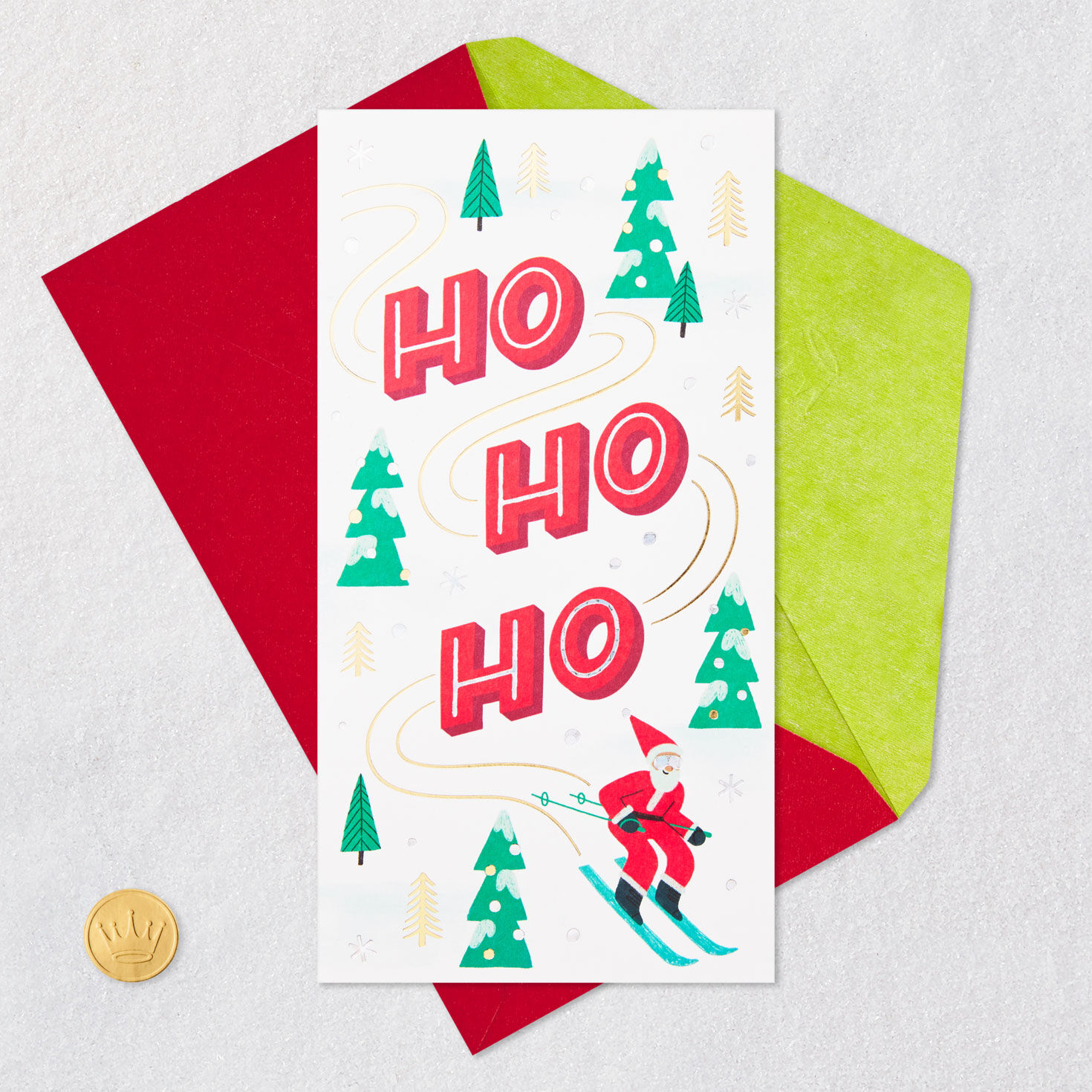 Santa Snow Skiing Money Holder Christmas Card Card Front with Envelope and Gold Seal image number 7