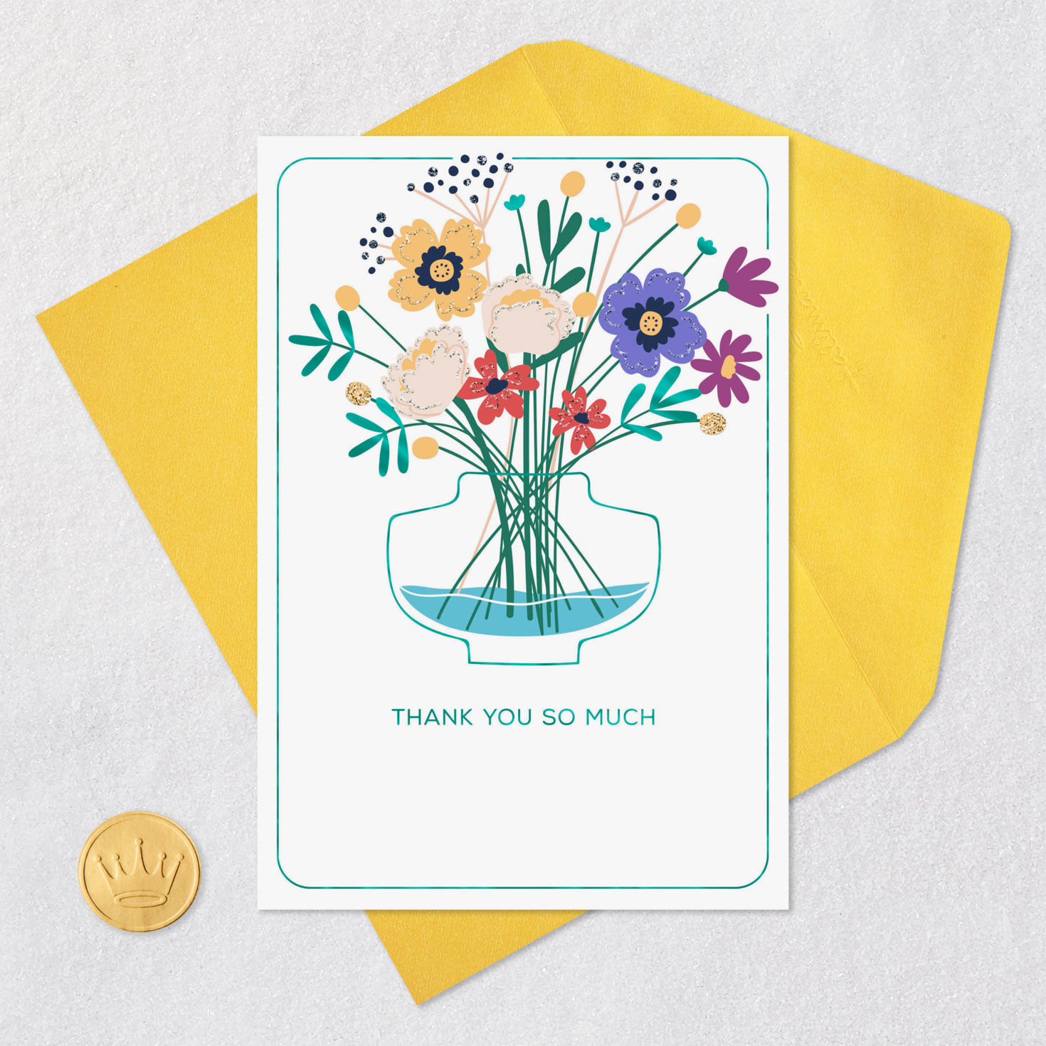 Sparkly Flowers in Vase Thank You Card Card Front with Envelope and Gold Seal image number 5