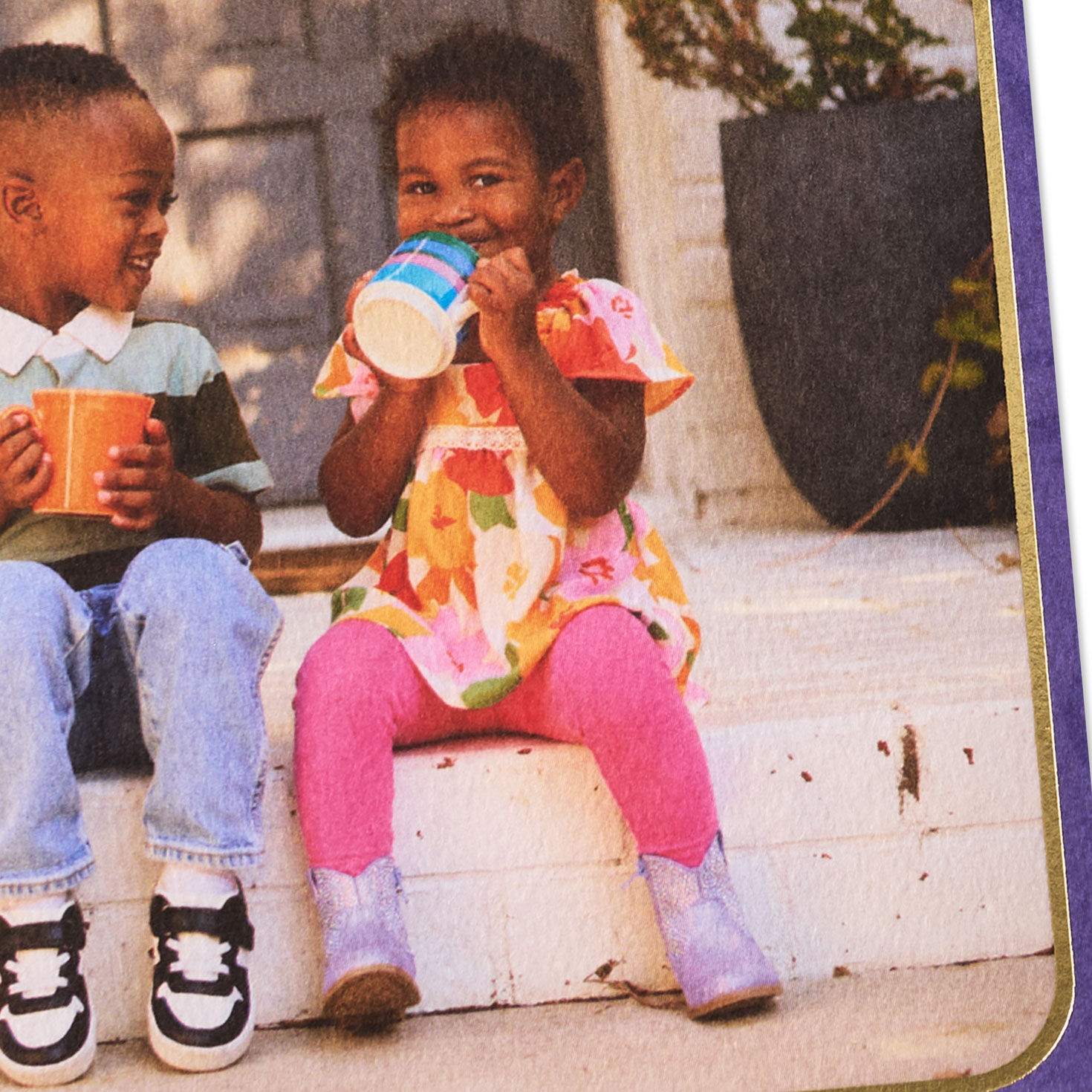 Black Boy and Girl on Porch Step Anniversary Card Card Front Detail image number 6