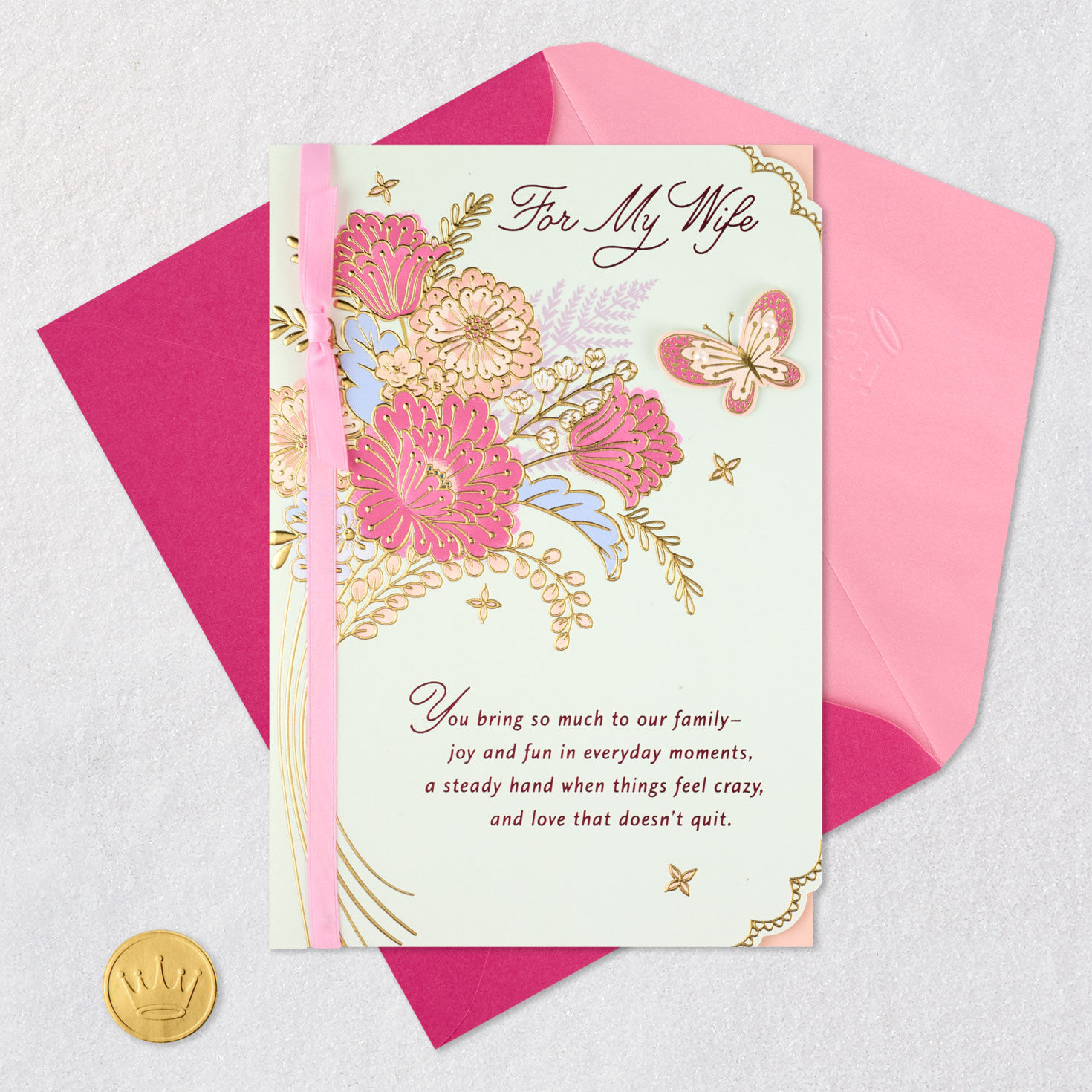 Pink and Peach Flowers with Butterfly Mother's Day Card Card Front with Envelope and Gold Seal image number 6