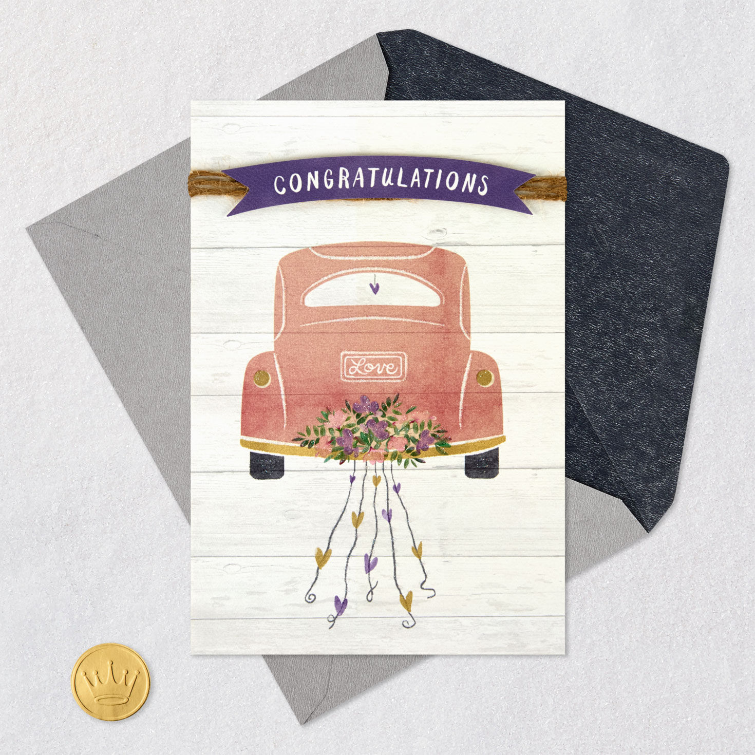 Just Married Vintage Getaway Car Wedding Card Card Front with Envelope and Gold Seal image number 5