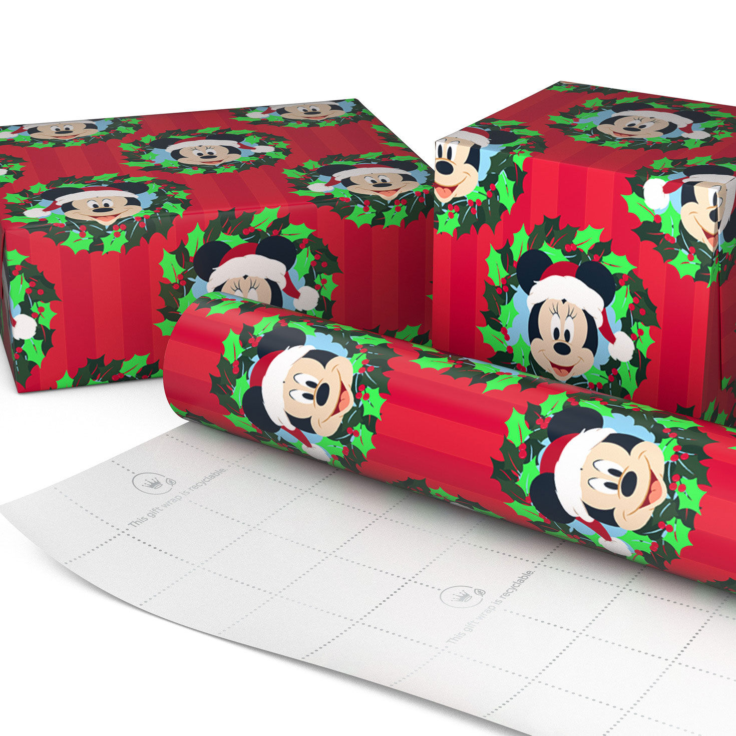 Mickey Mouse in Wreath on Red Holiday Gift Wrap Roll Wrapped pkg image number 2