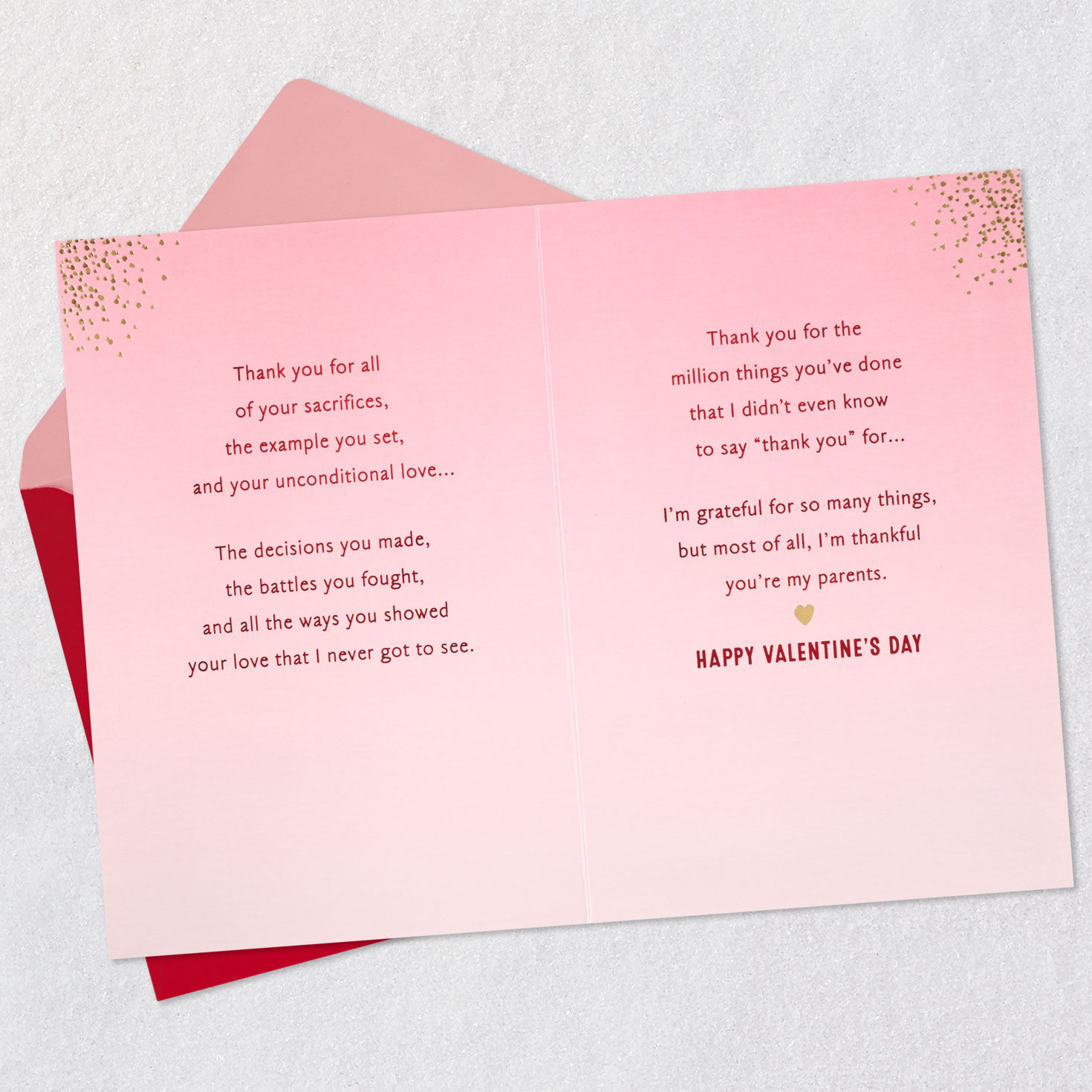 Red, Pink and Gold Heart Mom and Dad Valentine's Day Card Open card with envelope image number 4