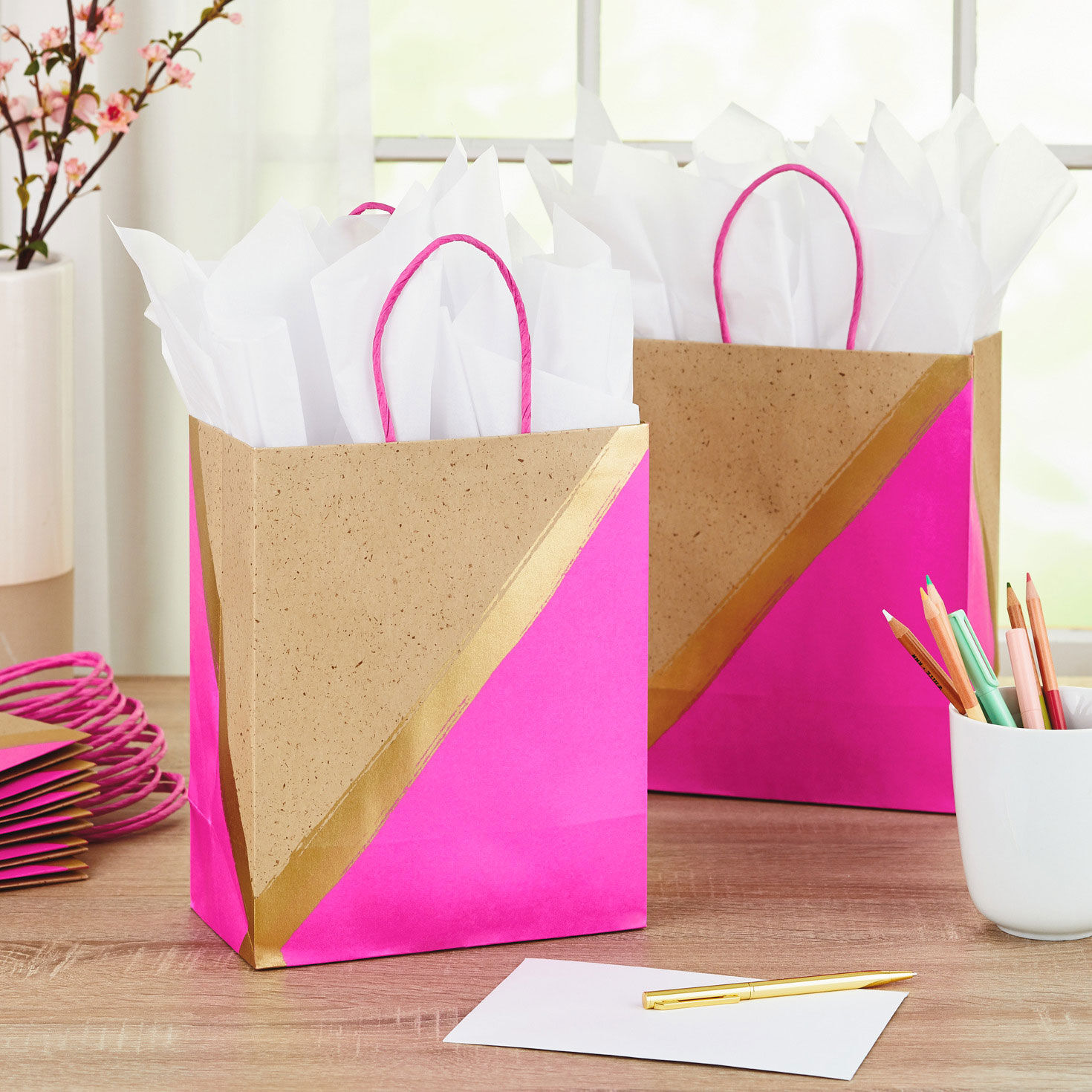 Pink, Gold and Kraft Paper Medium Gift Bag Bundle in use image number 2