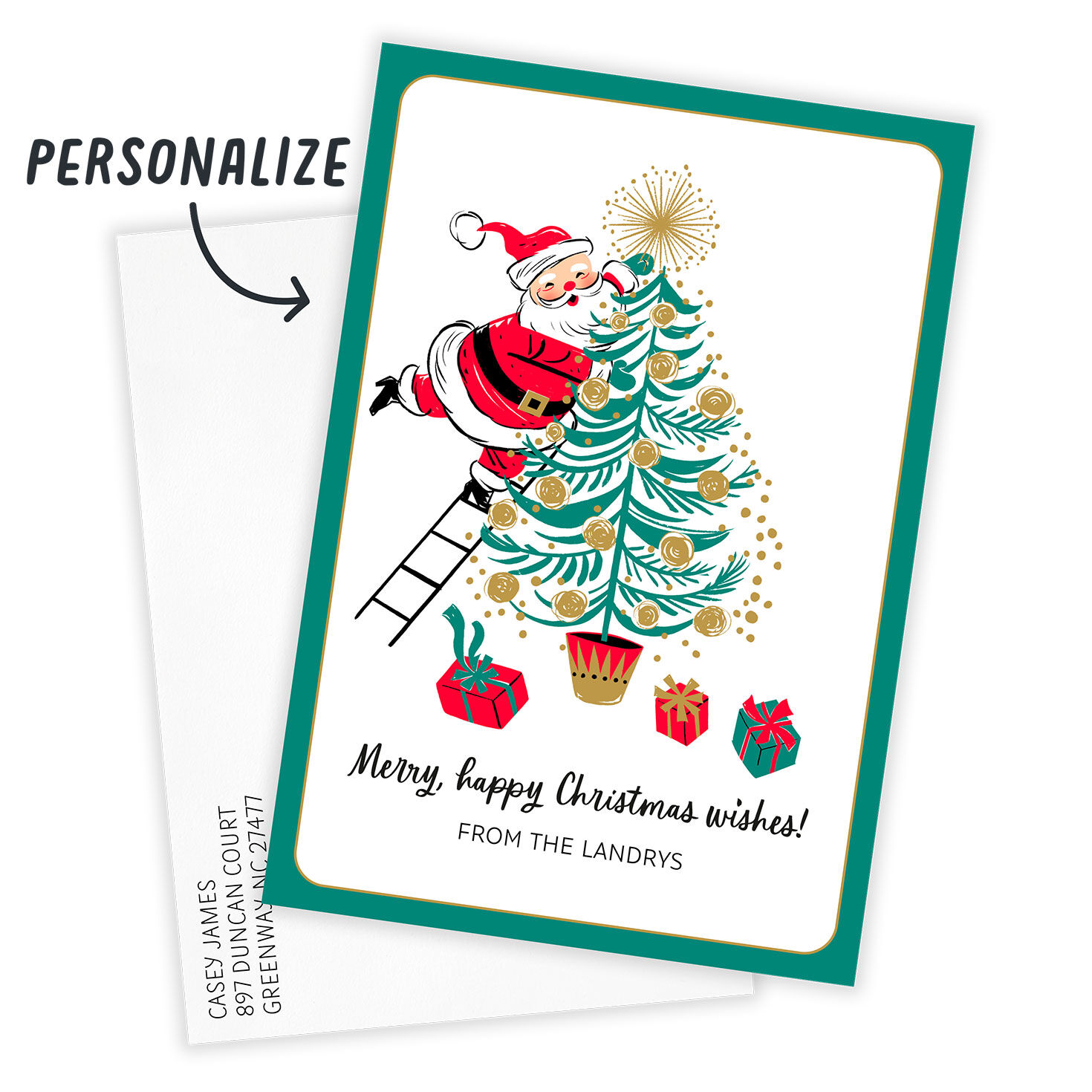 Santa Decorating Tree Personalized Christmas Card Card with Envelope indicating personalization image number 2