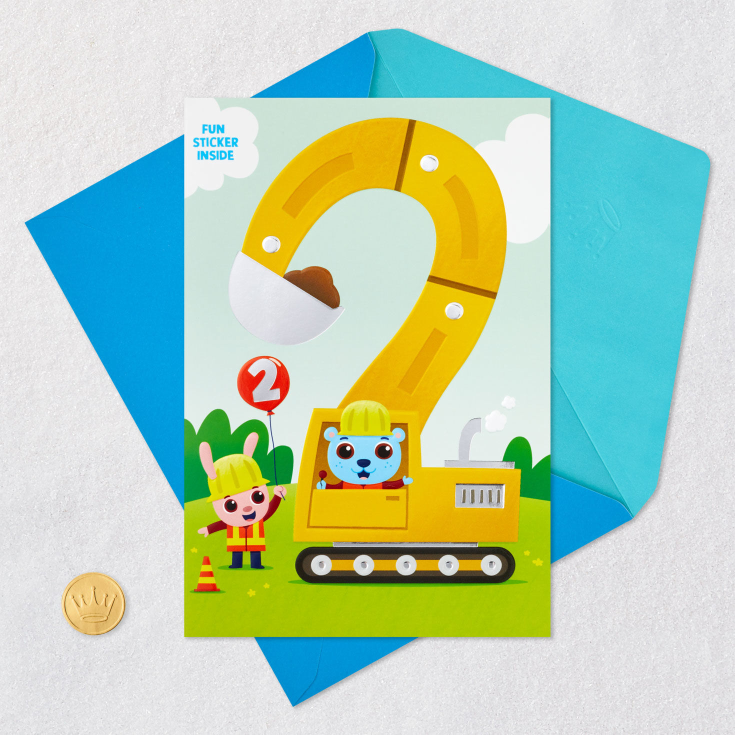 Construction Scene 2nd Birthday Card With Sticker Card Front with Envelope and Gold Seal image number 6