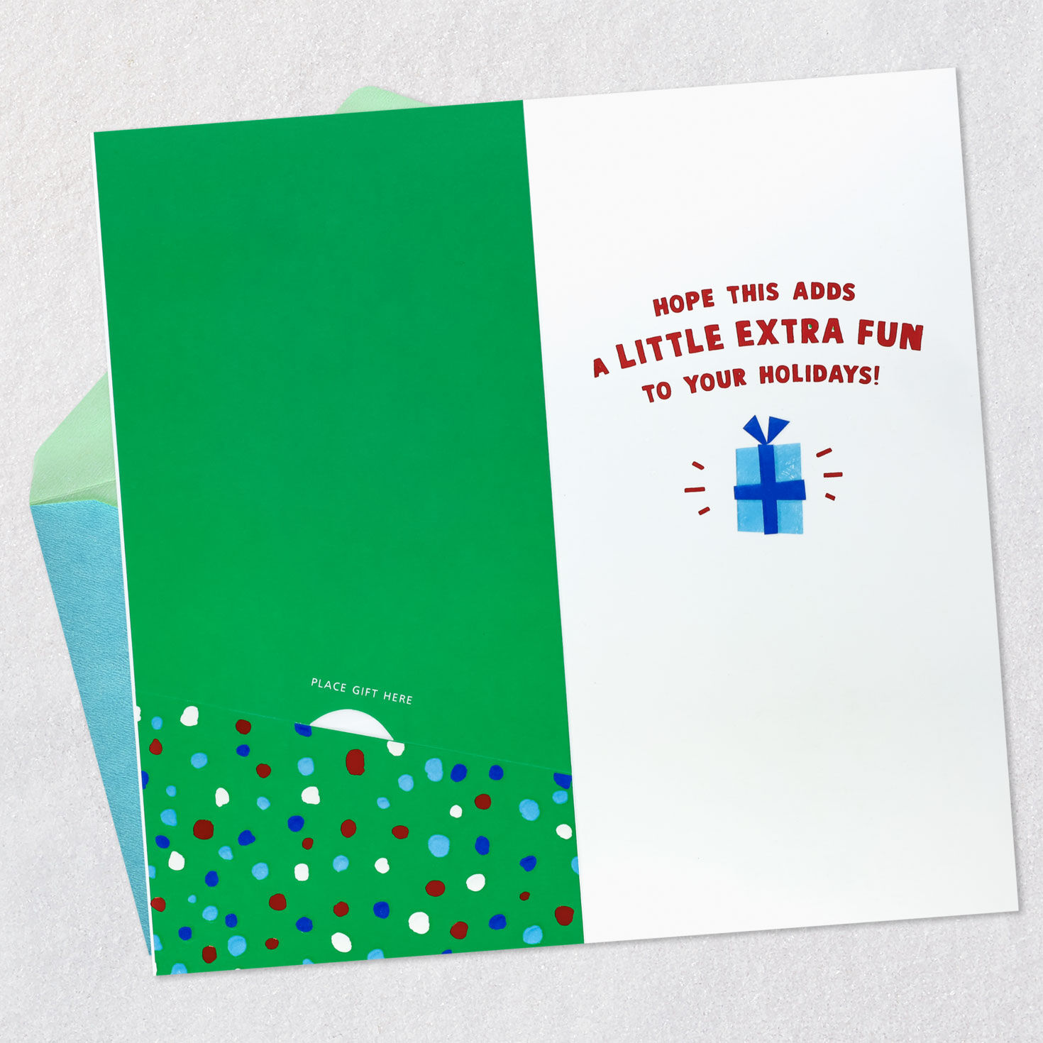 Playful Elf and Gifts Money Holder Christmas Card Open card with envelope image number 4
