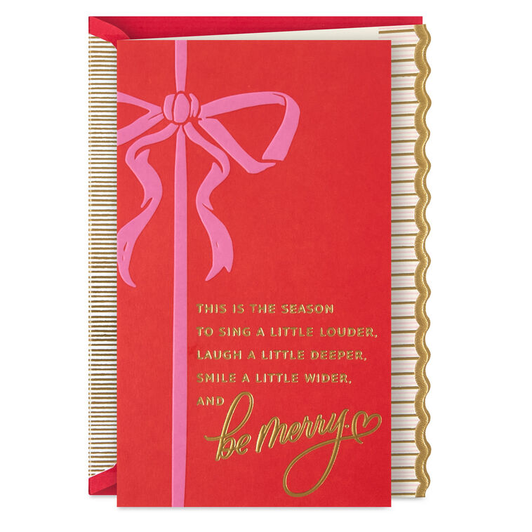 Elegant Pink Bow on Red Christmas Card Card Front image number 1