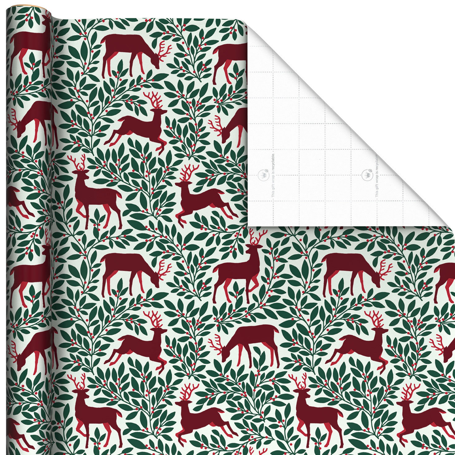 Red Deer and Green Foliage Christmas Wrapping Paper Roll, 35 sq. ft.