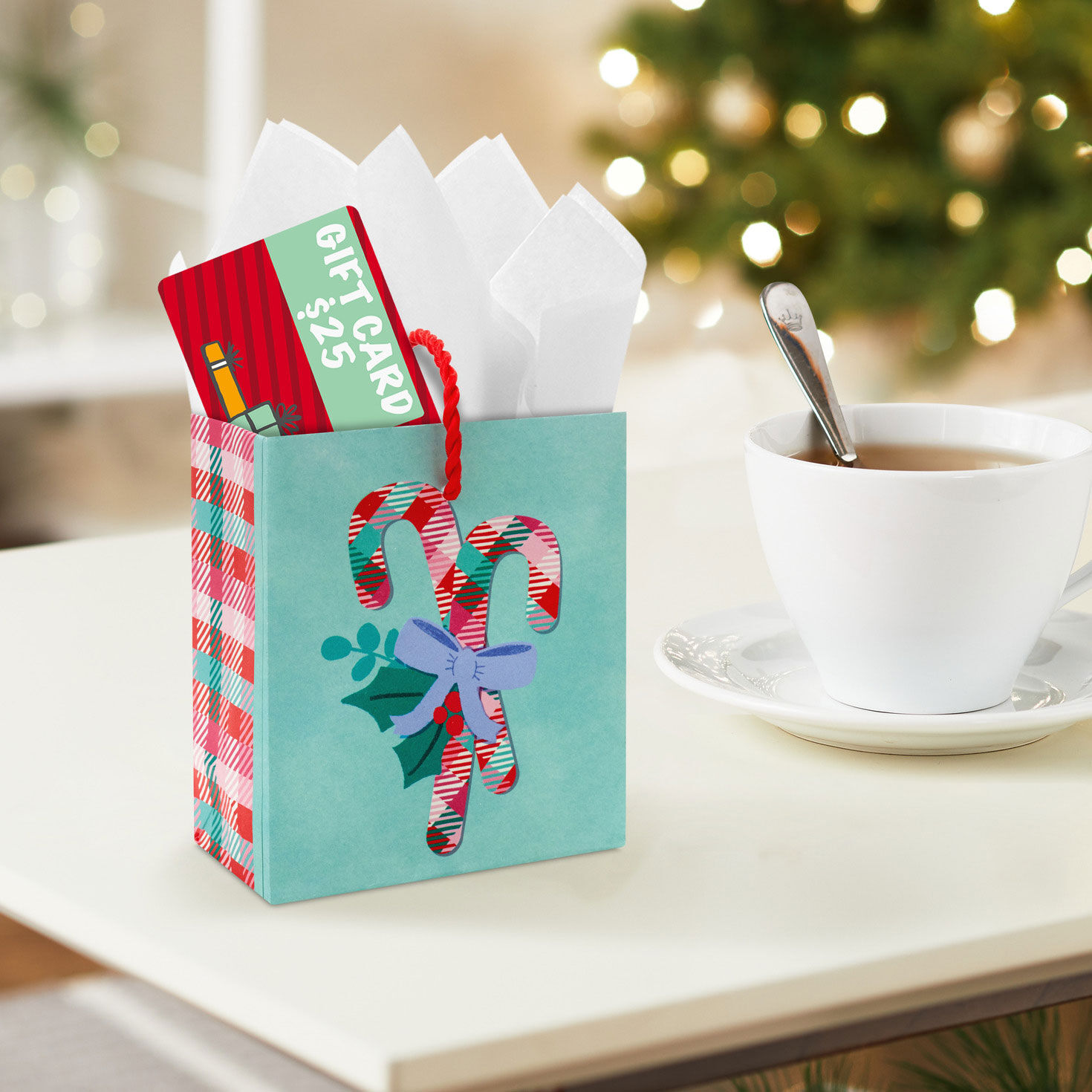 Plaid Candy Canes Christmas Gift Card Holder Mini Bag In use image number 2