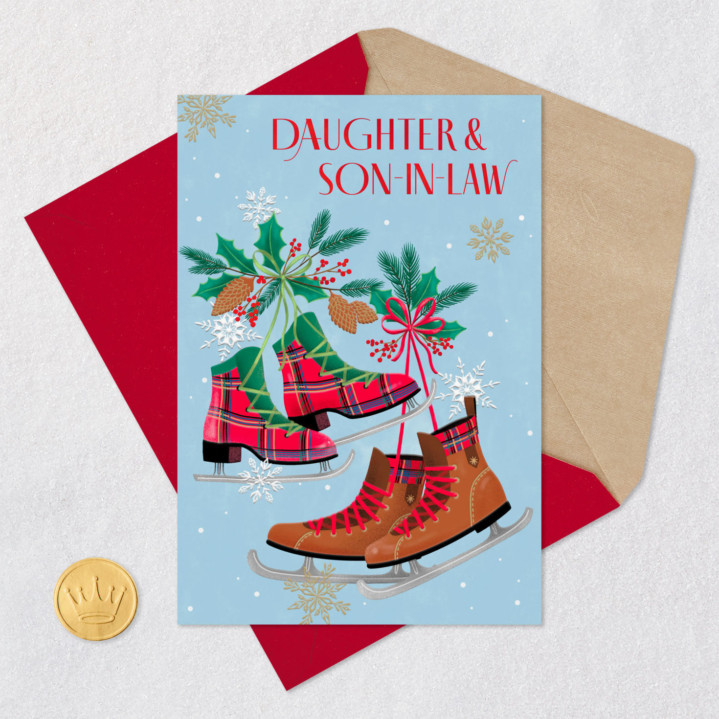 Ice Skates Christmas Card for Daughter and Son-in-Law Card Front with Envelope and Gold Seal image number 5