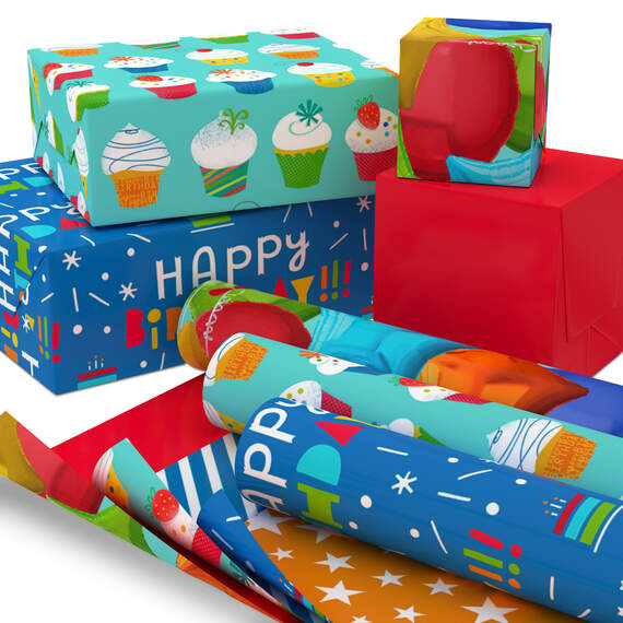 Bright Birthday 3-Pack Reversible Wrapping Paper, , large image number 2