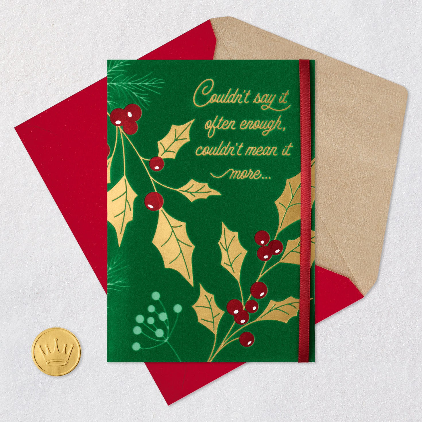 Holly Berries Romantic Christmas Card for Him Card Front with Envelope and Gold Seal image number 6