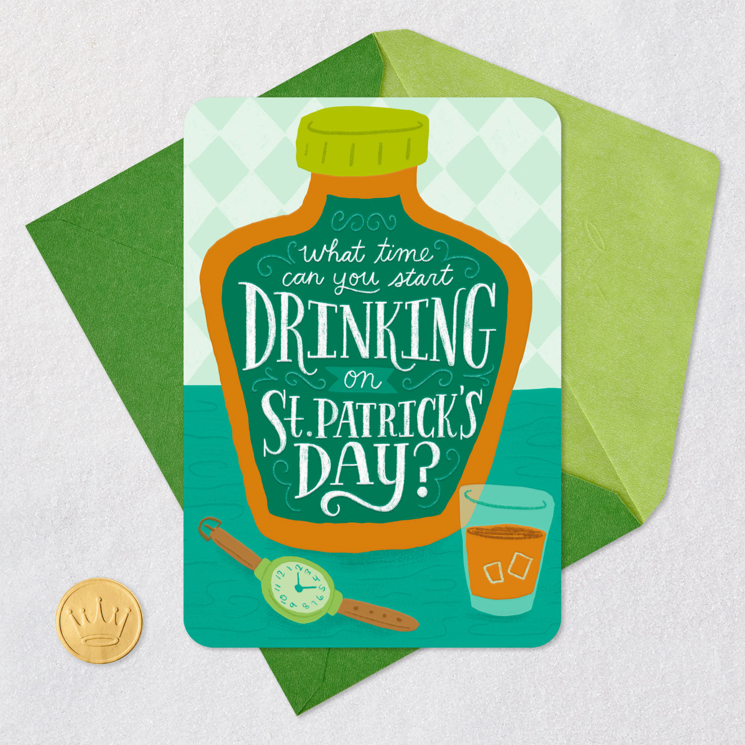 Whiskey Bottle With Glass St. Patrick's Day Card Card Front with Envelope and Gold Seal image number 6