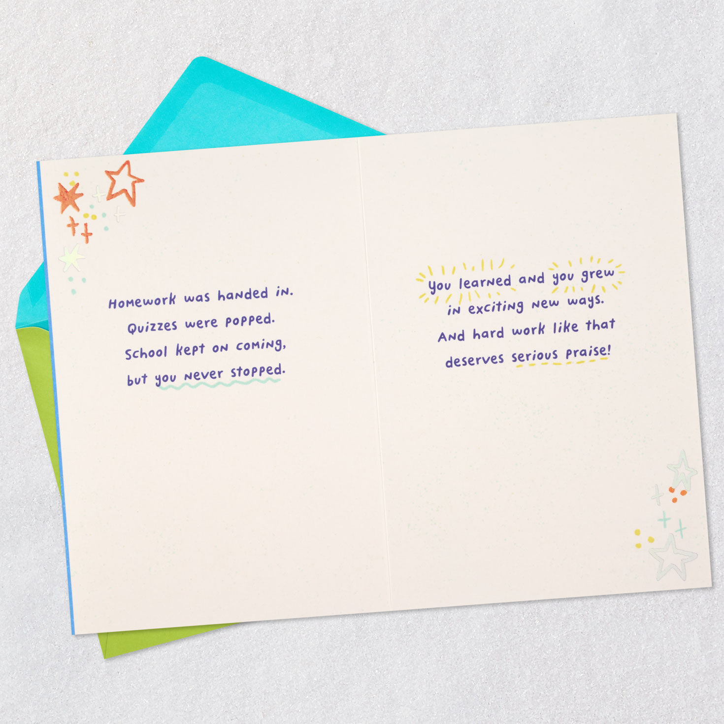 Smiley Face and Stars on Blue Grade School Graduation Card Open card with envelope image number 4