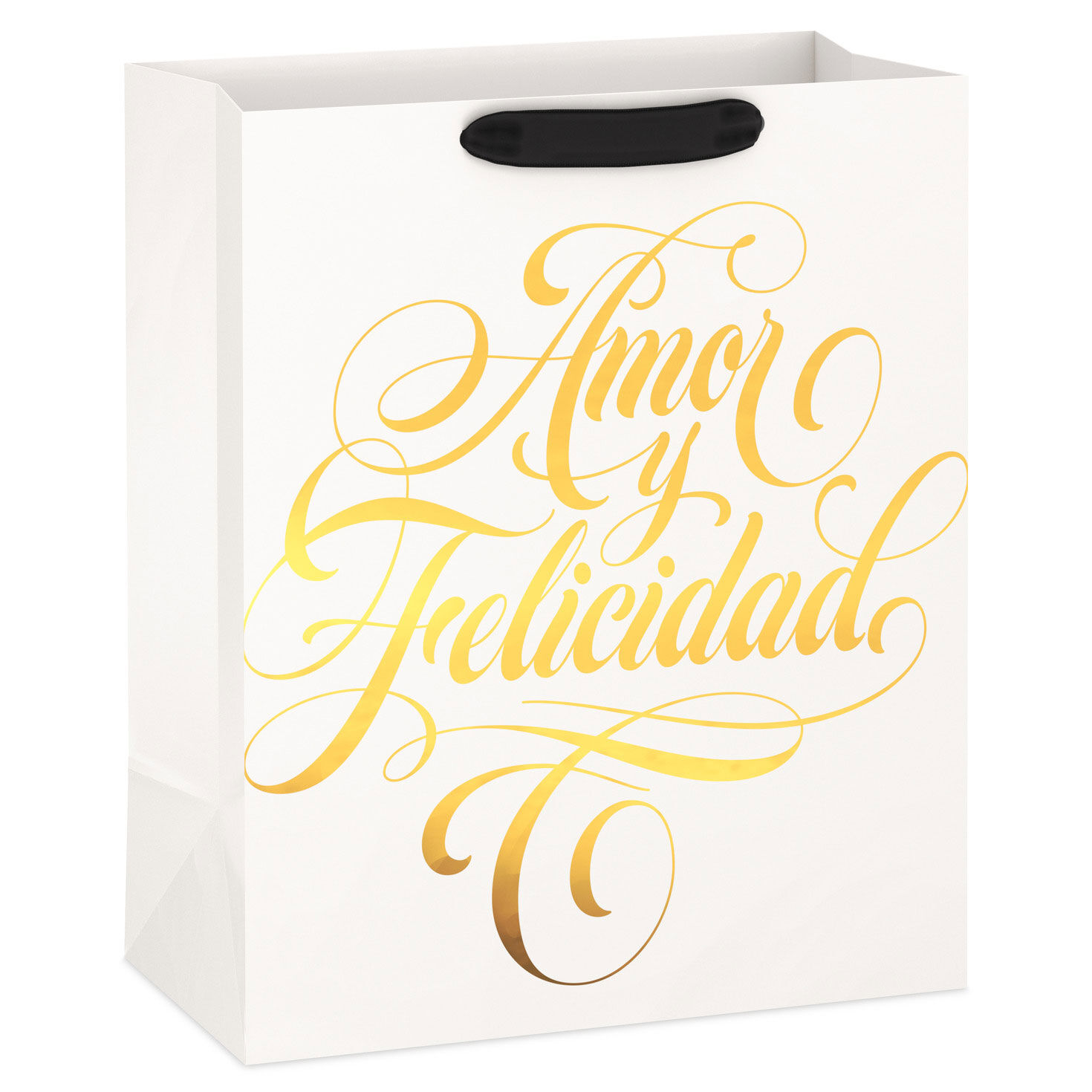 13" Amor y Felicidad Gold Calligraphy Large Gift Bag