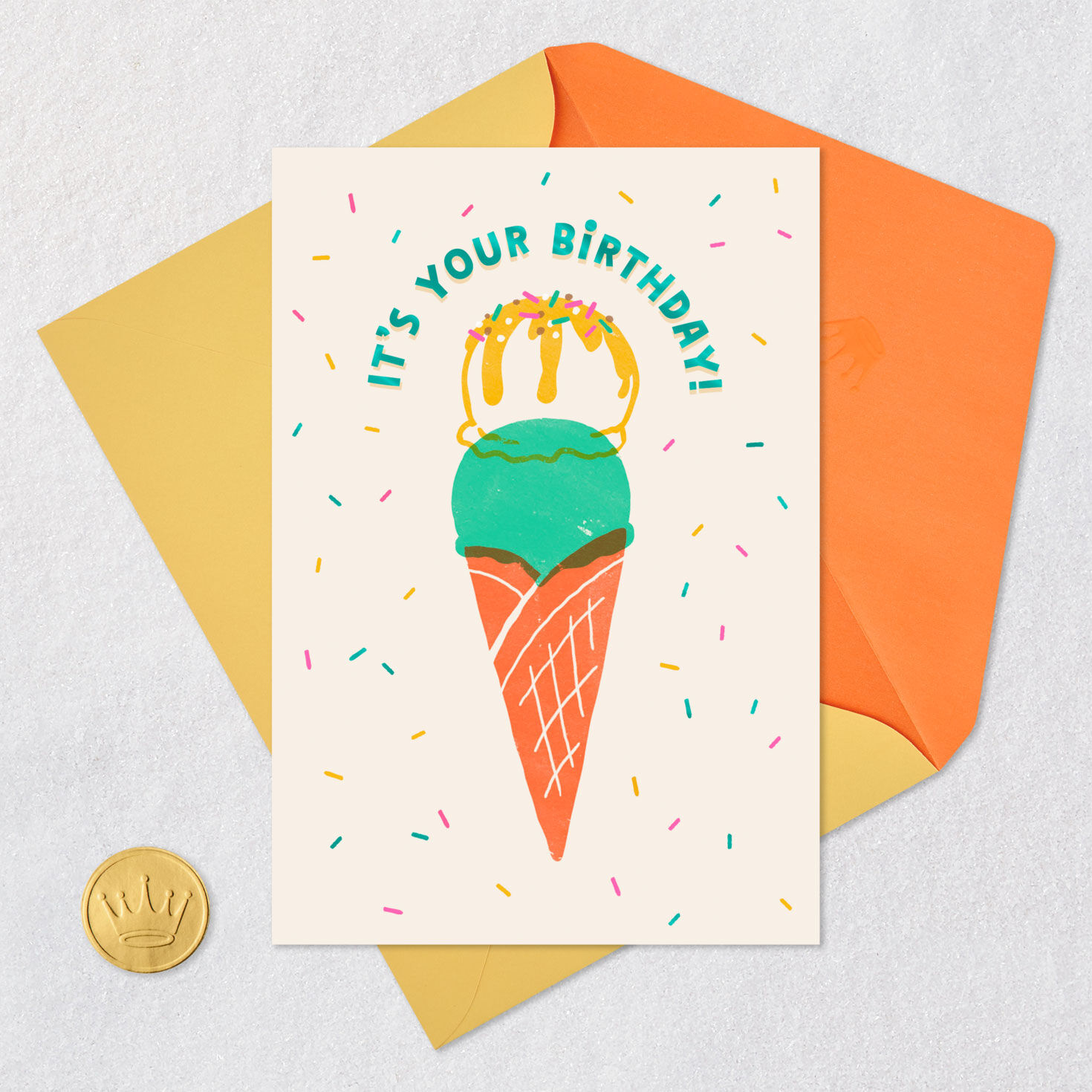 Ice-Cream Cone and Confetti Kids Birthday Card Card Front with Envelope and Gold Seal image number 5