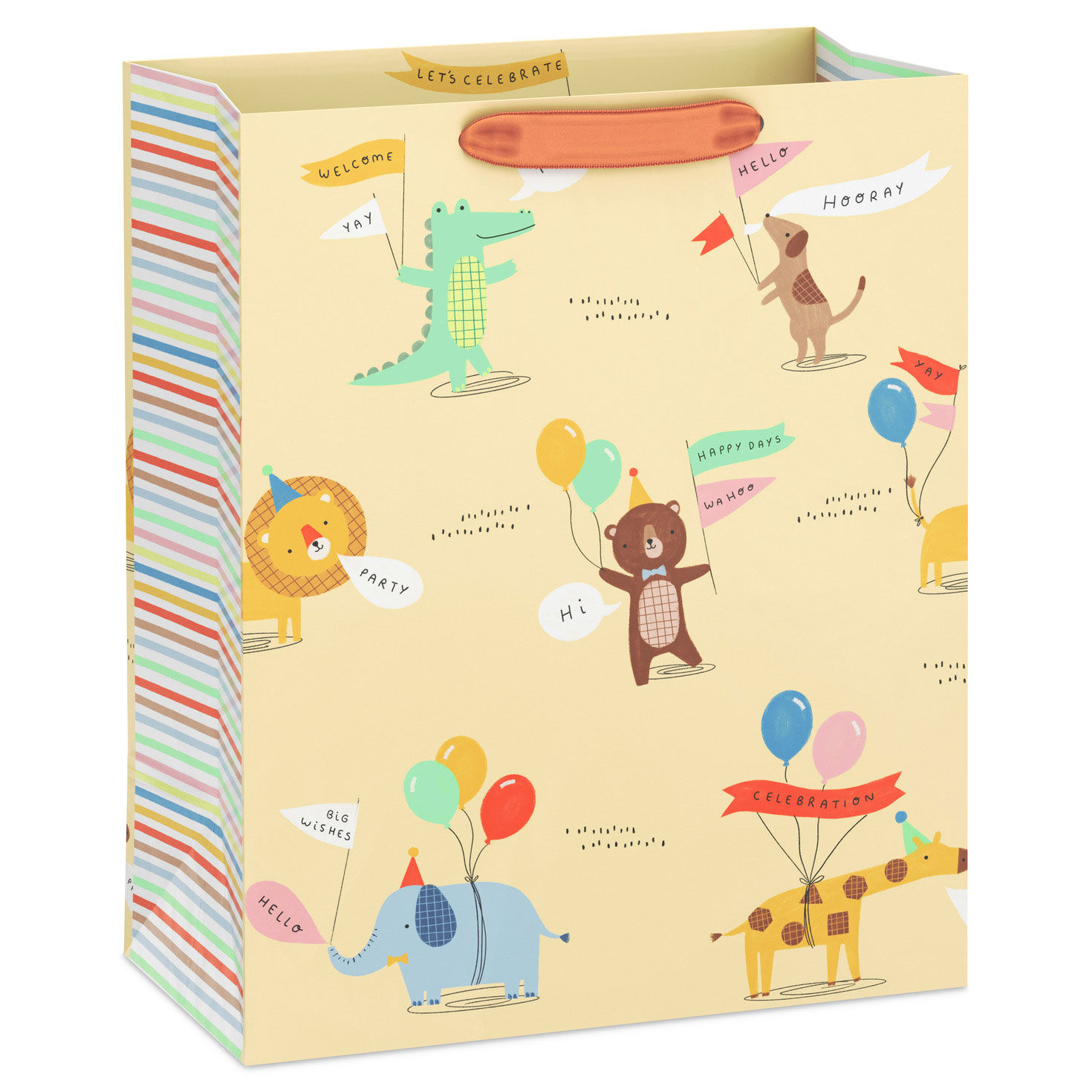 13" Animals in Party Hats With Balloons on Yellow Large Gift Bag