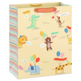 13" Animals in Party Hats With Balloons on Yellow Large Gift Bag