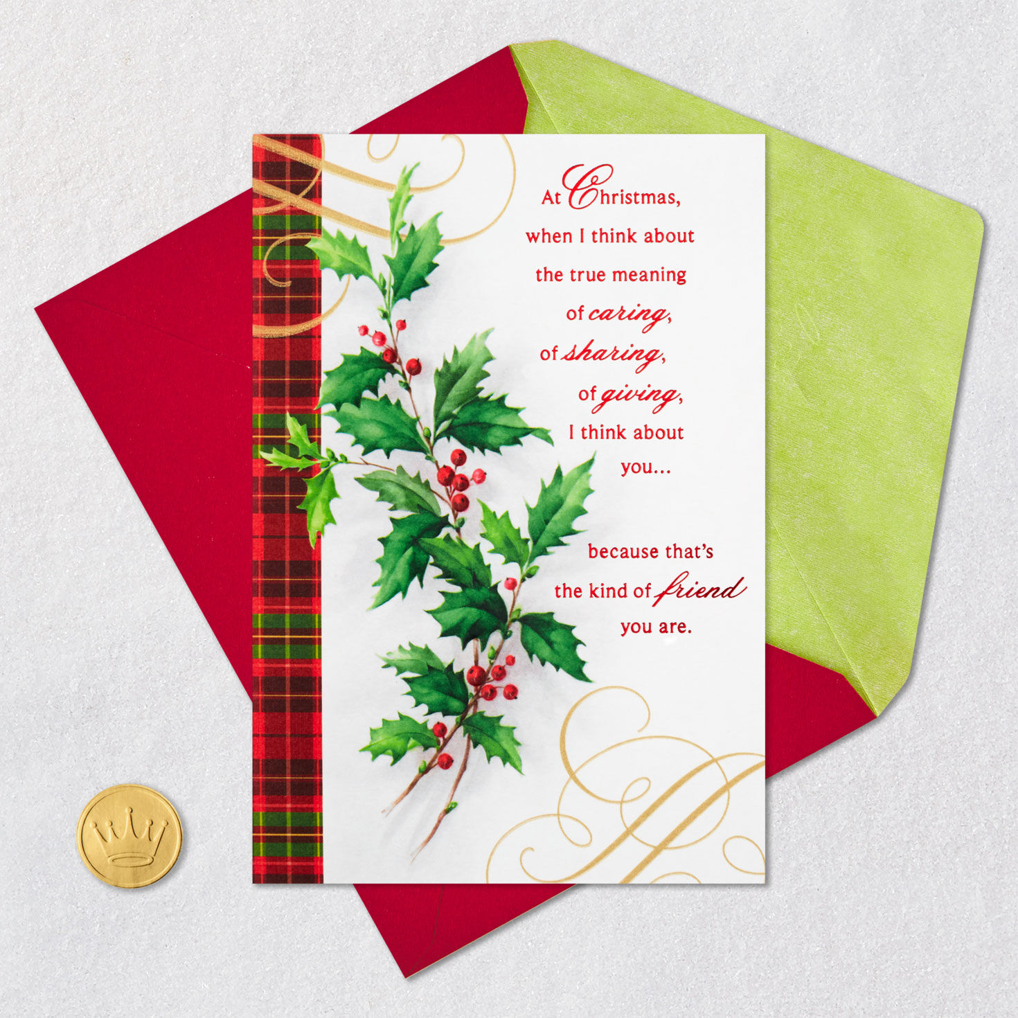 Holly and Ivy with Red Plaid Christmas Card for Friend Card Front with Envelope and Gold Seal image number 6