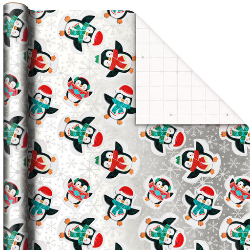 Playful Penguins on Metallic Silver Christmas Wrapping Paper, 25 sq. ft., 