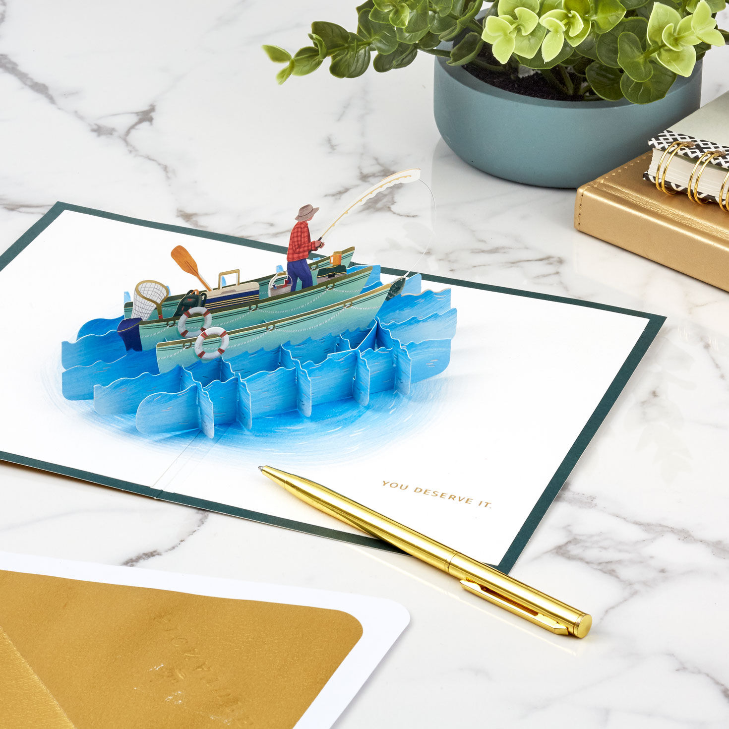 Fishing Boat Pop-up Birthday Card Open card with envelope and gold pen image number 8