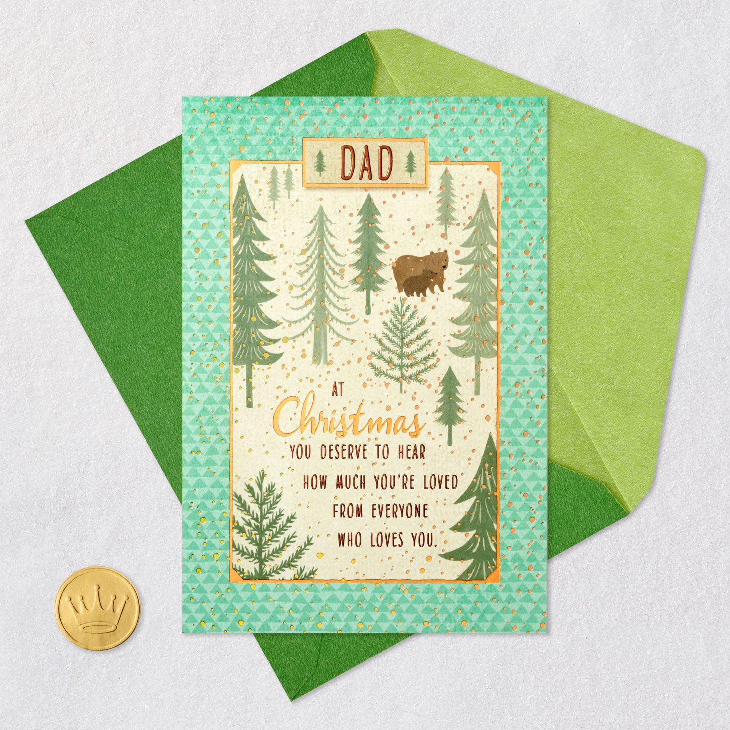 Bears in Forest Love You Dad Christmas Card Card Front with Envelope and Gold Seal image number 5