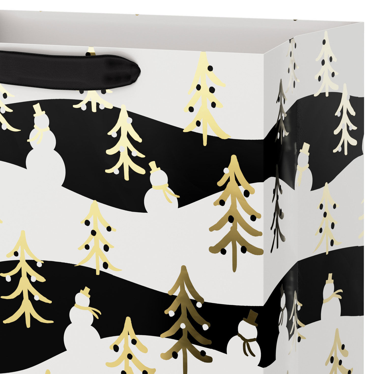 Gold Trees on Black and White Large Holiday Gift Bag Handle Detail image number 4
