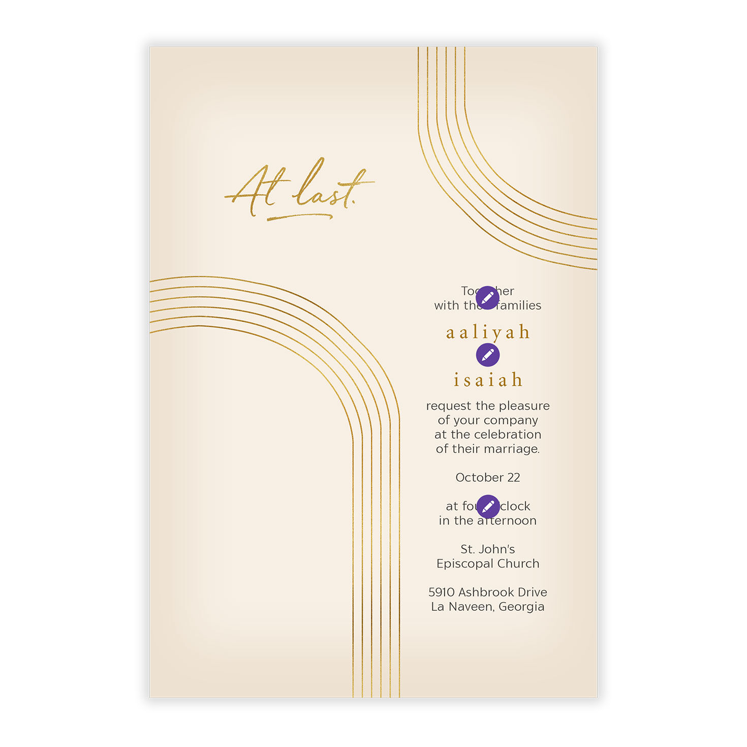 Gold Arches on Cream Personalized Wedding Invitation Card Front indicating personalization image number 5