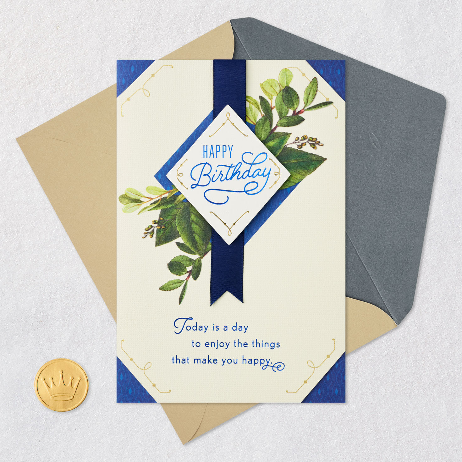 Green Leaves Navy and Cream Birthday Card for Man Card Front with Envelope and Gold Seal image number 6