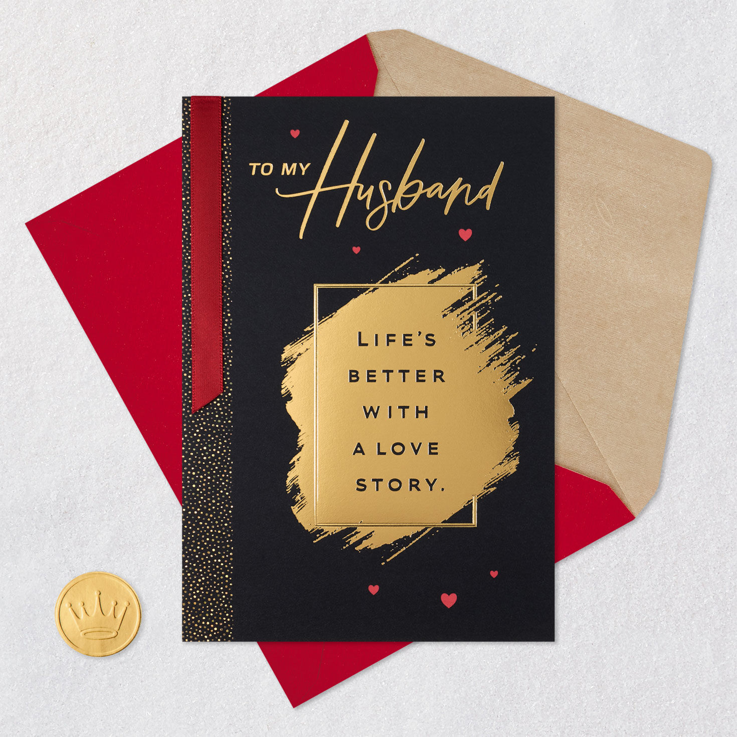 Black With Gold Brush Husband Valentines Day Card Card Front with Envelope and Gold Seal image number 6